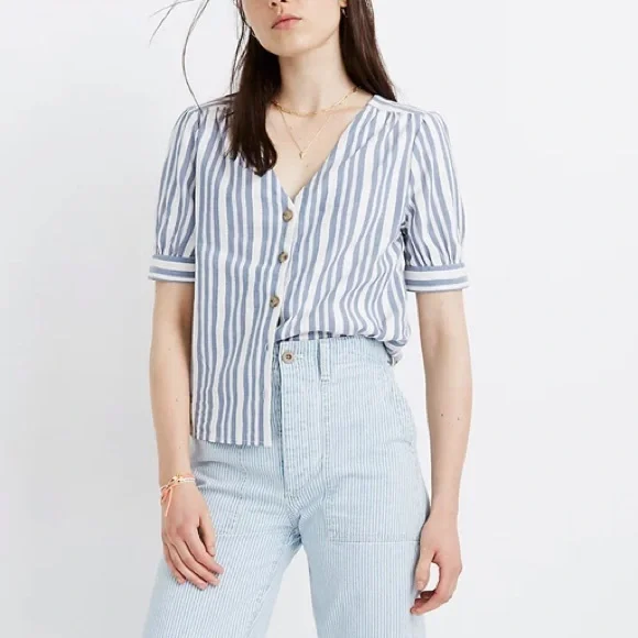 Madewell Plaza Button-Front Shirt in Blue Stripe - Picture 2 of 9